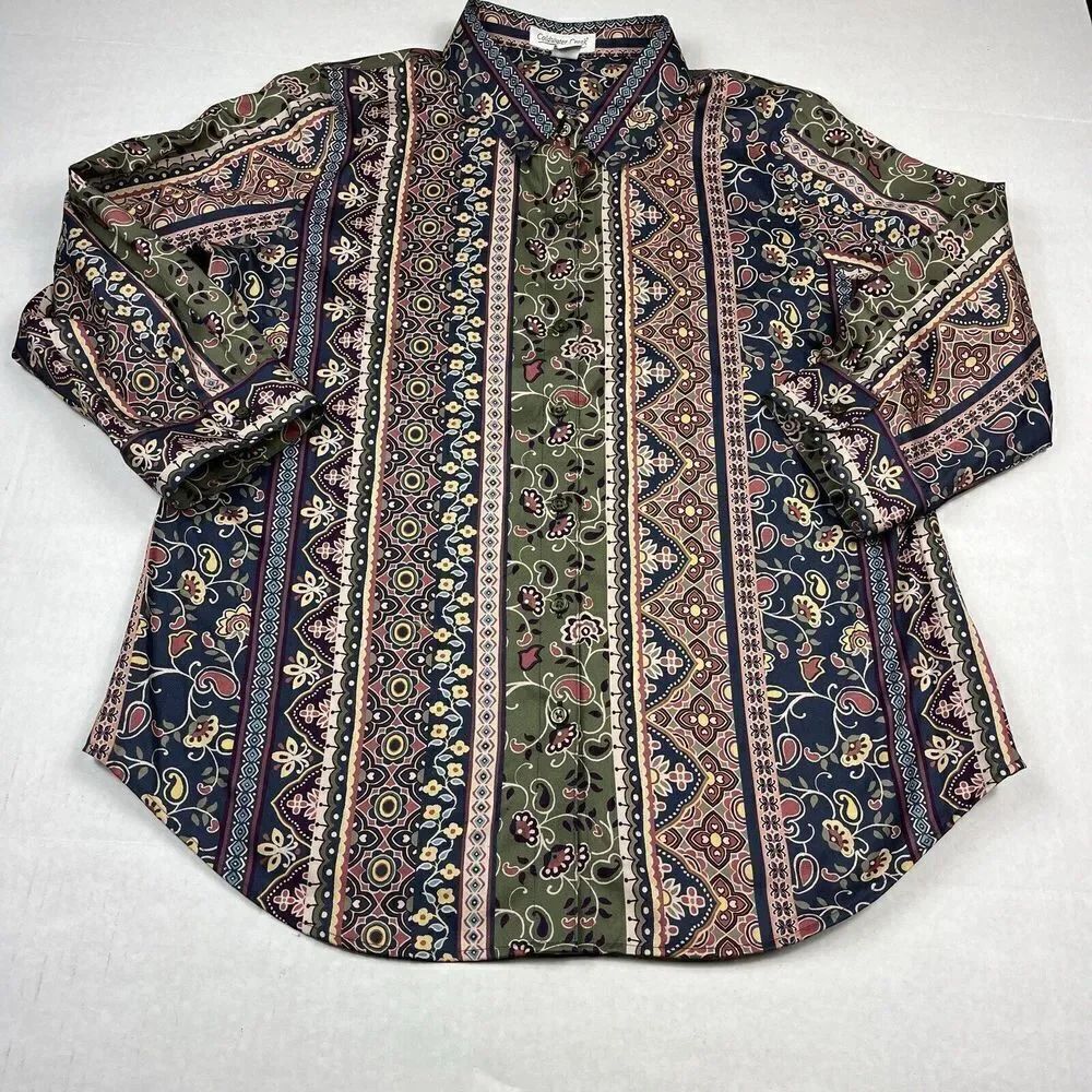 Coldwater Creek Womens Cotton Button Up Top Paisley 3/4 Sleeve Shirt 10P PETITE